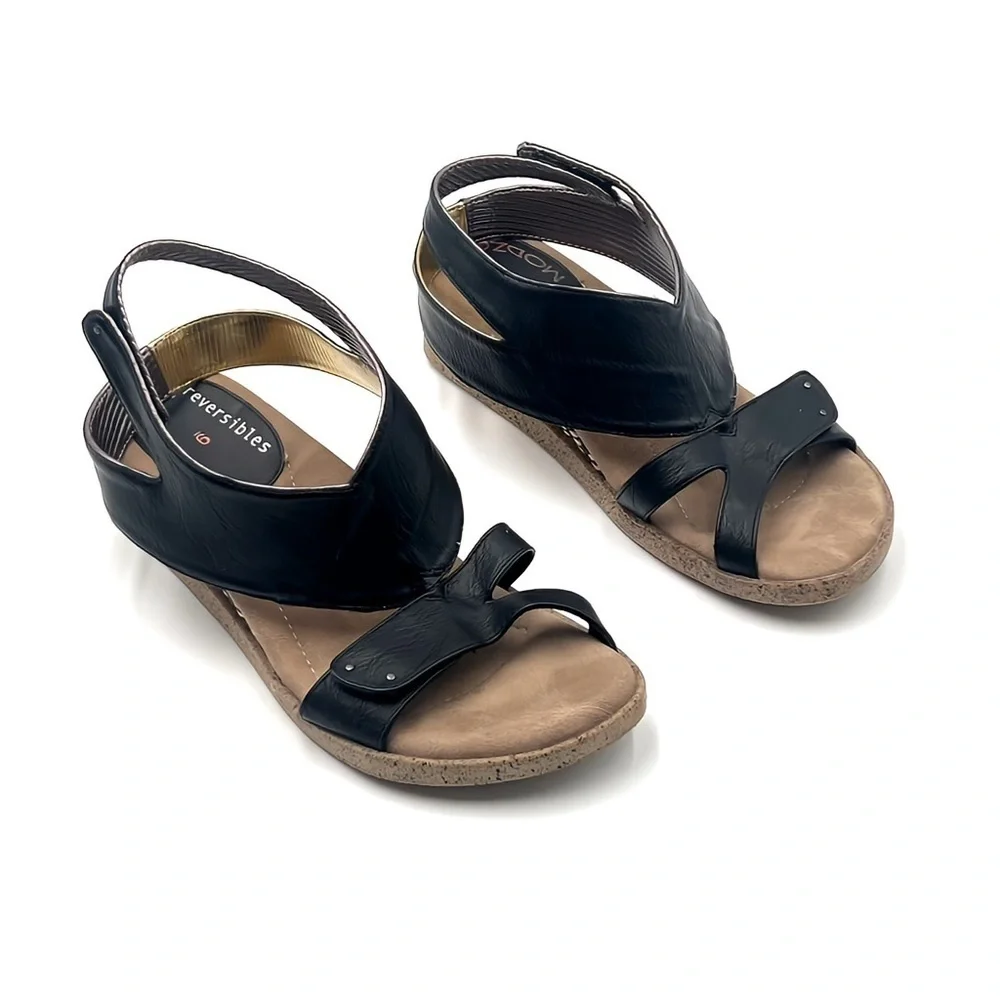 Modzori Palmyra Low Wedge Travel REVERSIBLE Sandal Black, Gold & Silver Size 9